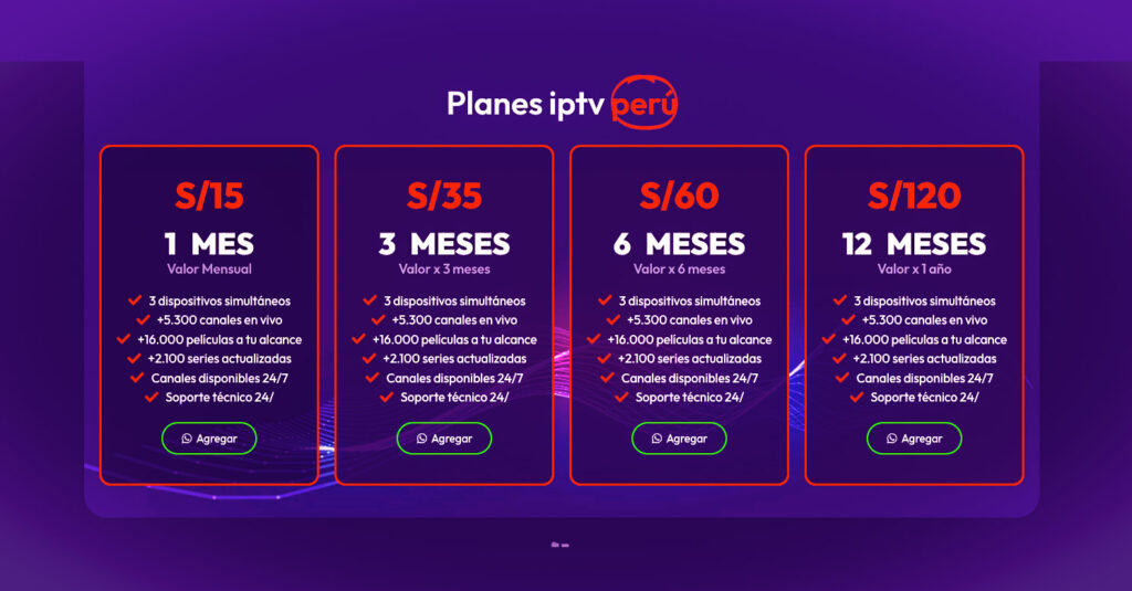 Planes IPTV Perú: suscripciones de 1 mes, 3 meses, 6 meses y 12 meses con canales en HD, deportes y películas online.